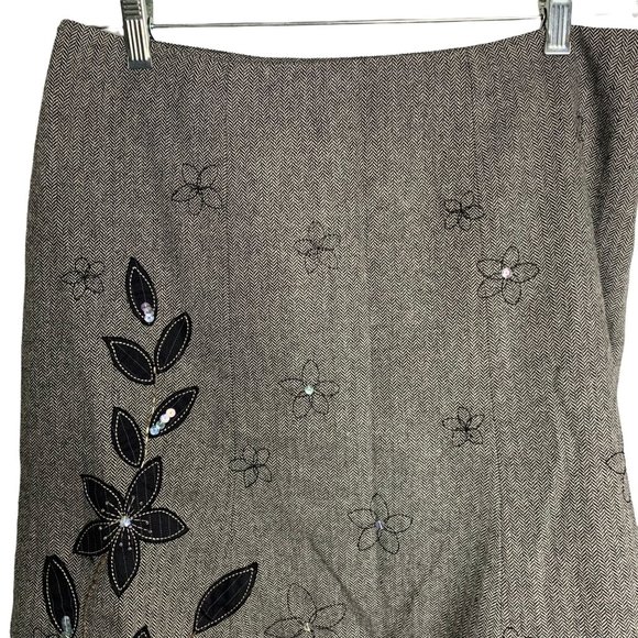 Vintage Jones New York Wool Blend Skirt 12P Black Herringbone Embroidered Lined - Picture 2 of 5